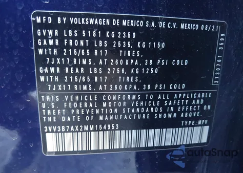 2021 Volkswagen Tiguan 2.0T Se/2.0T Se R-Line Black/2.0T Sel из США, поврежденный, VIN 3VV3B7AX2MM154953